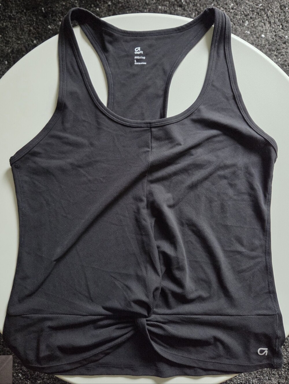 GapFit Breathe Ribbed Twist Front Racerback Tank in Black Sz Large